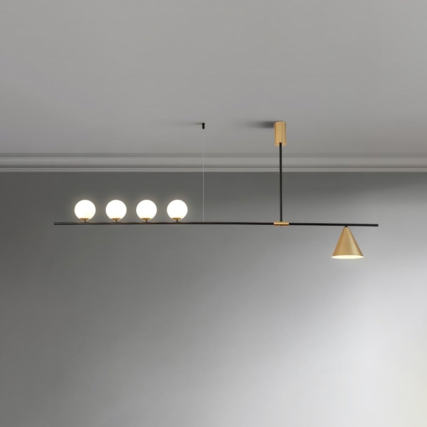 Modern Linear Pendant Chandelier with Opal Glass Globes and Architectural Metallic Design