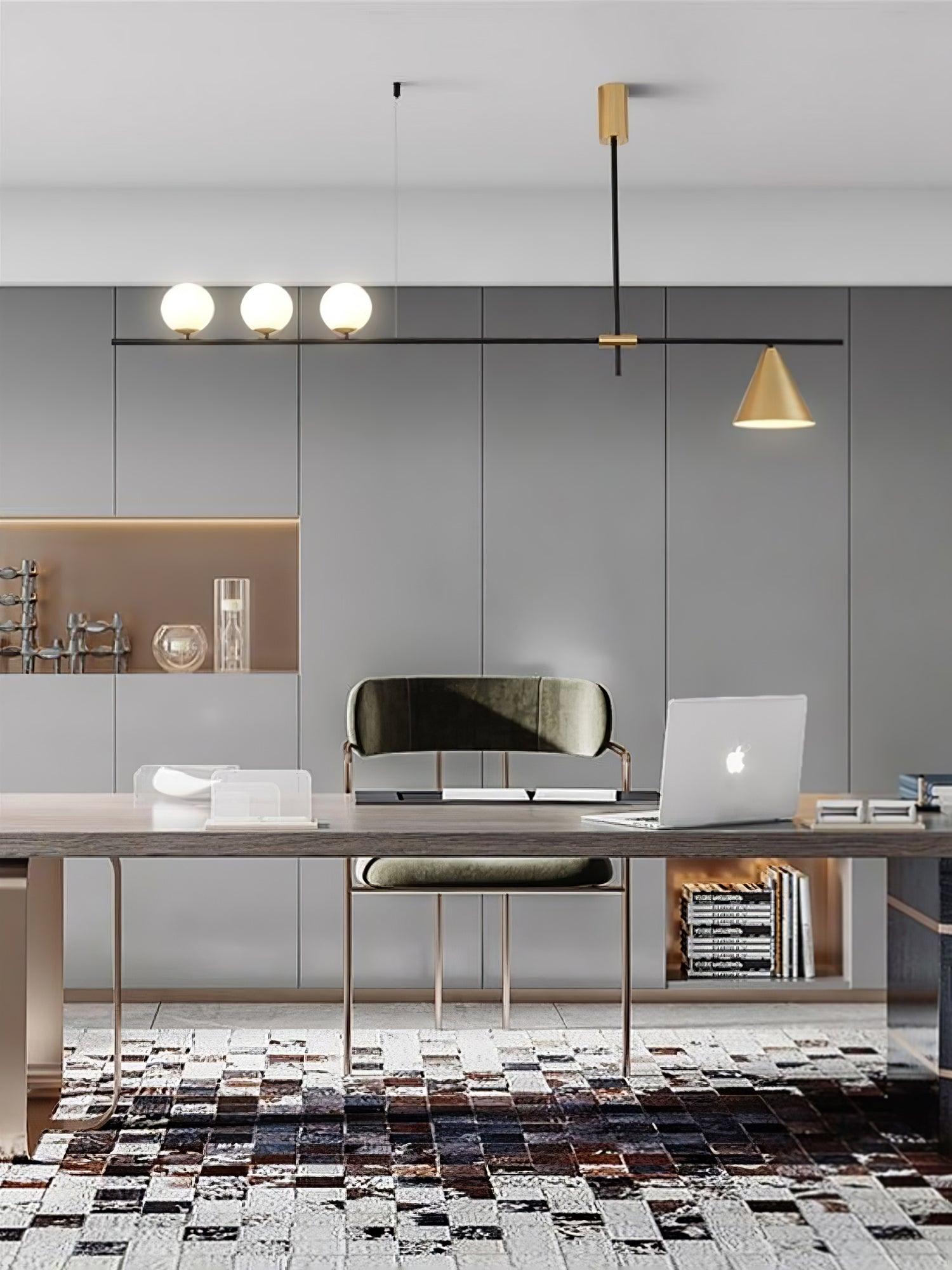 Modern Linear Pendant Chandelier with Opal Glass Globes and Architectural Metallic Design