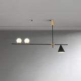 Modern Linear Pendant Chandelier with Opal Glass Globes and Architectural Metallic Design