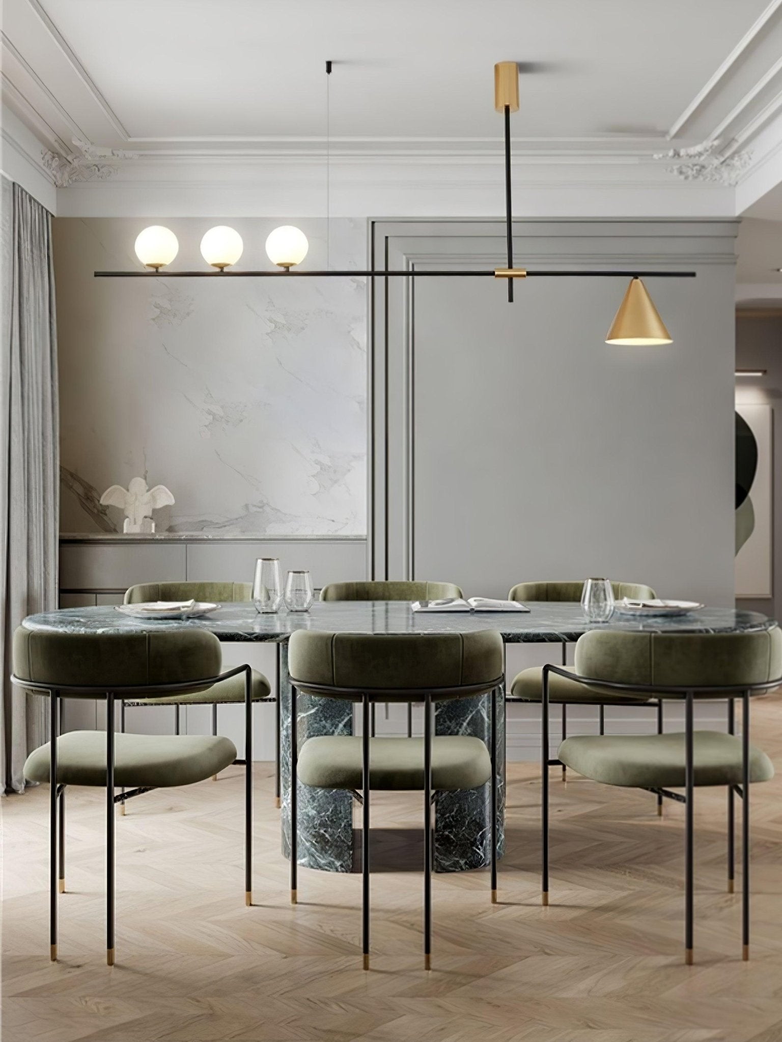 Modern Linear Pendant Chandelier with Opal Glass Globes and Architectural Metallic Design