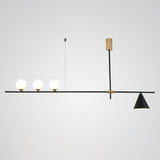 Modern Linear Pendant Chandelier with Opal Glass Globes and Architectural Metallic Design