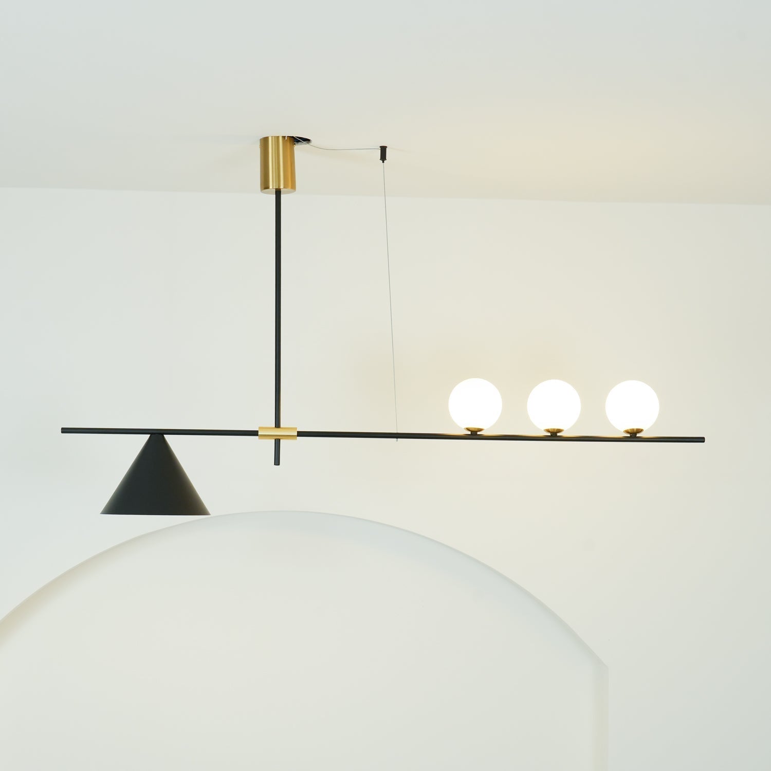 Modern Linear Pendant Chandelier with Opal Glass Globes and Architectural Metallic Design