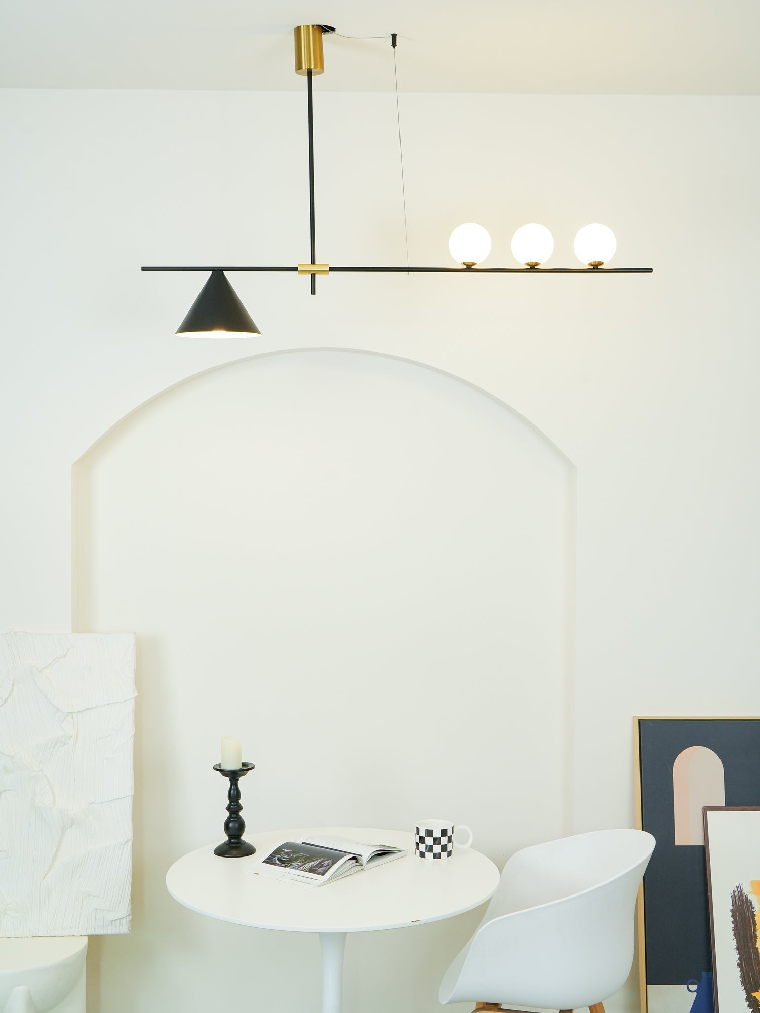 Modern Linear Pendant Chandelier with Opal Glass Globes and Architectural Metallic Design