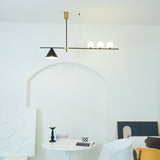 Modern Linear Pendant Chandelier with Opal Glass Globes and Architectural Metallic Design