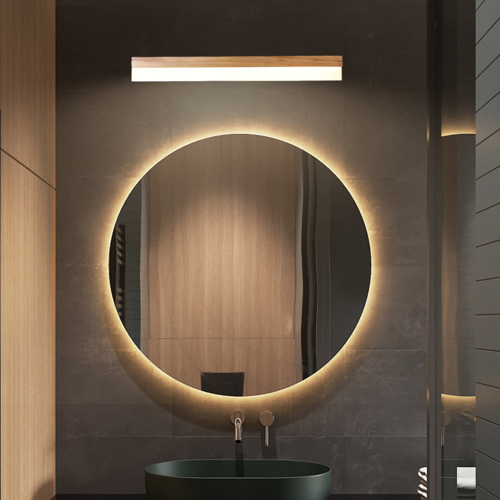 Modern Linear Solid Wood LED Bathroom Vanity Light with Diffused Plastic Shade Wall Mirror Sconce