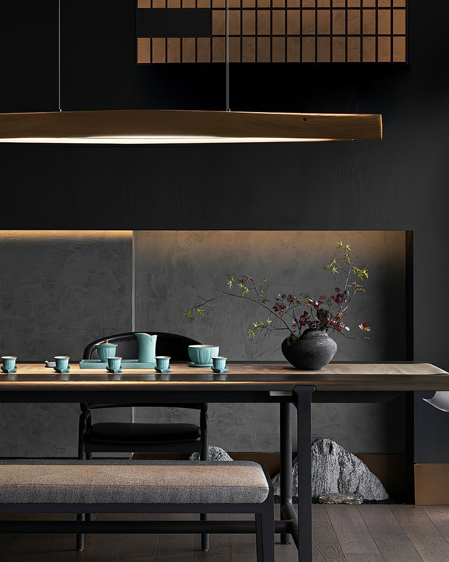 Modern Linear Wood LED Pendant Light for Dining Room Kitchen Island Office
