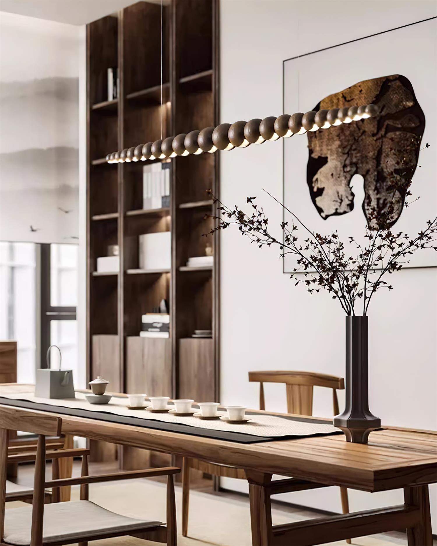 Modern Linear Wooden Sphere Pendant Light Minimalist Orb LED Hanging Chandelier