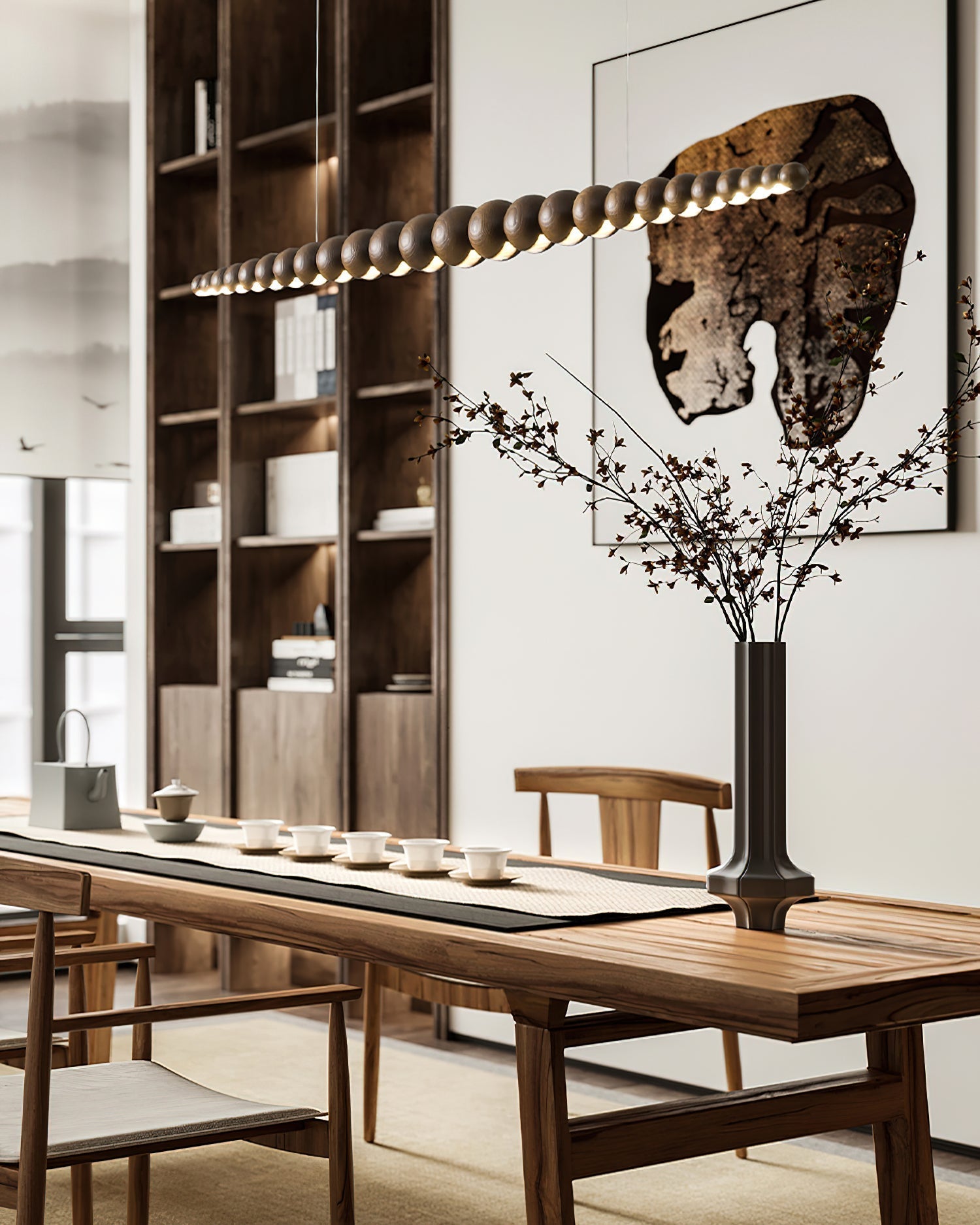Modern Linear Wooden Sphere Pendant Light Minimalist Orb LED Hanging Chandelier