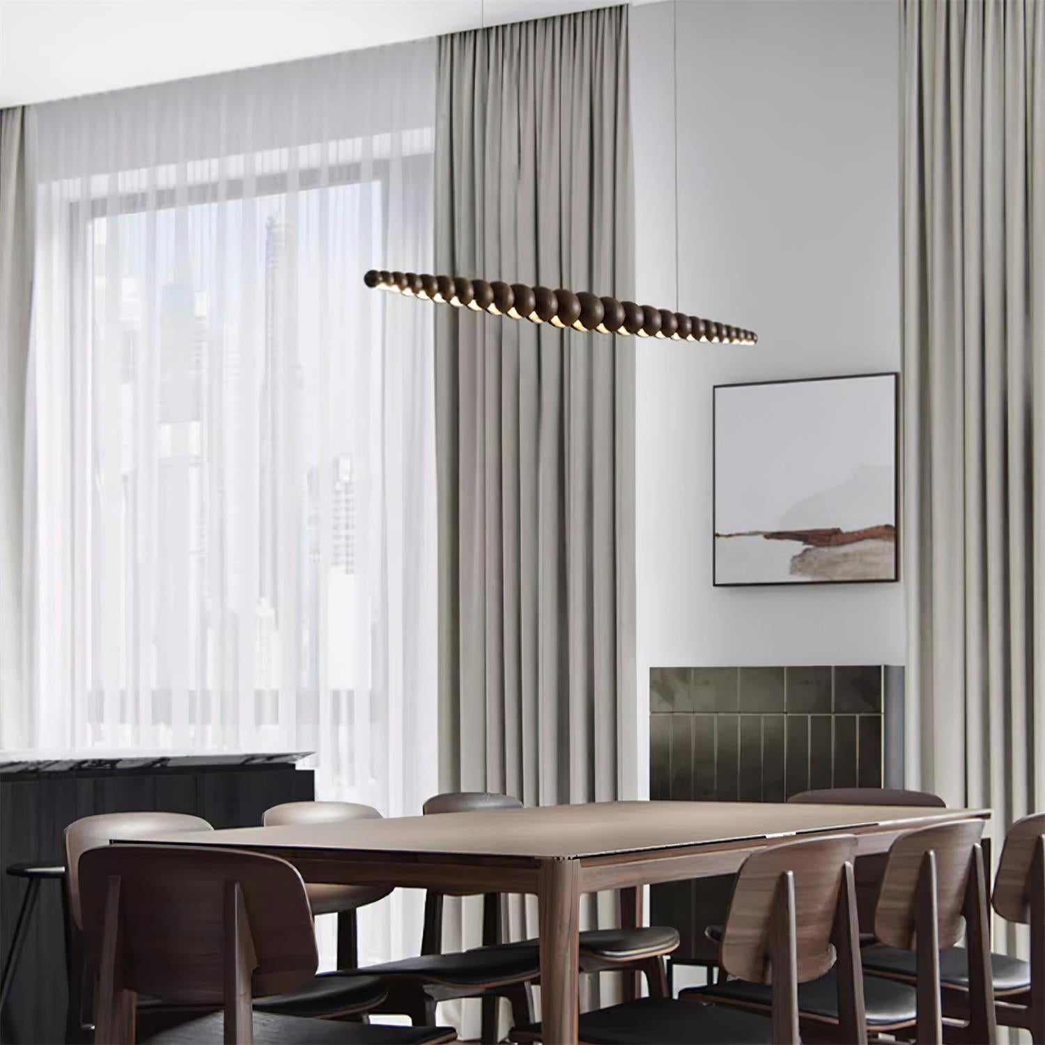 Modern Linear Wooden Sphere Pendant Light Minimalist Orb LED Hanging Chandelier