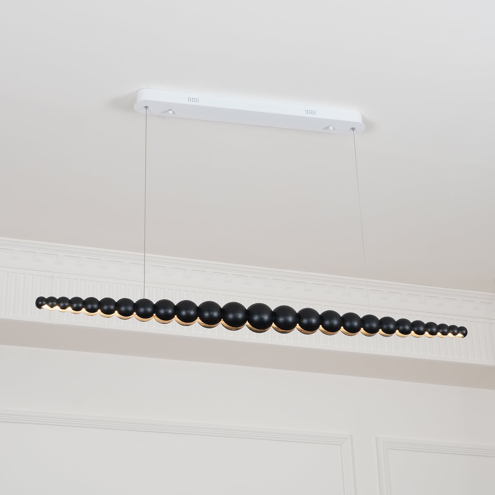 Modern Linear Wooden Sphere Pendant Light Minimalist Orb LED Hanging Chandelier