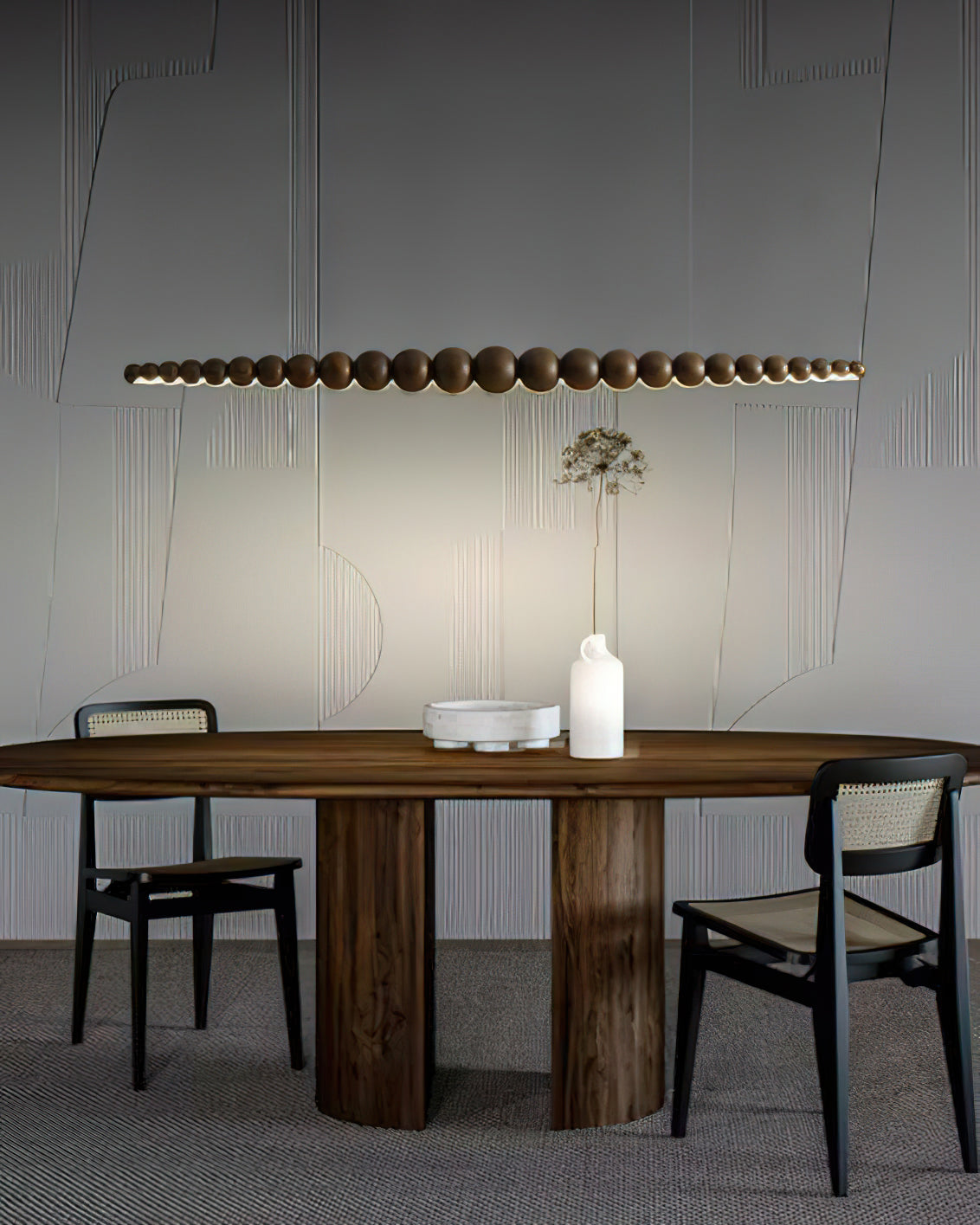 Modern Linear Wooden Sphere Pendant Light Minimalist Orb LED Hanging Chandelier