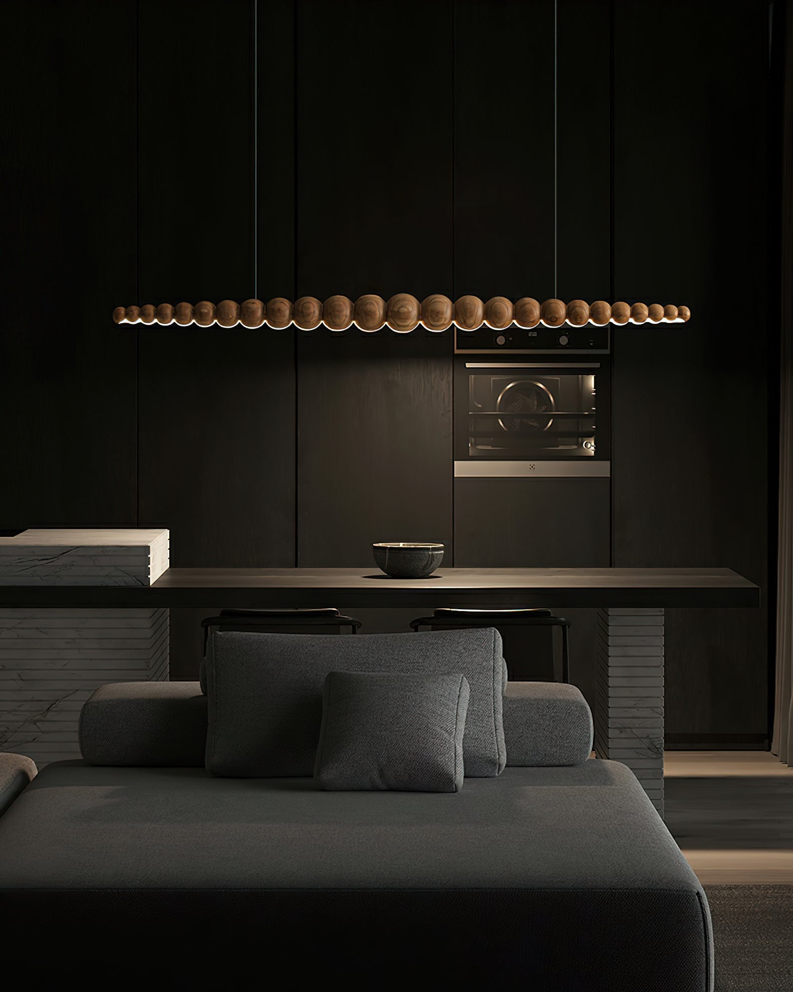 Modern Linear Wooden Sphere Pendant Light Minimalist Orb LED Hanging Chandelier