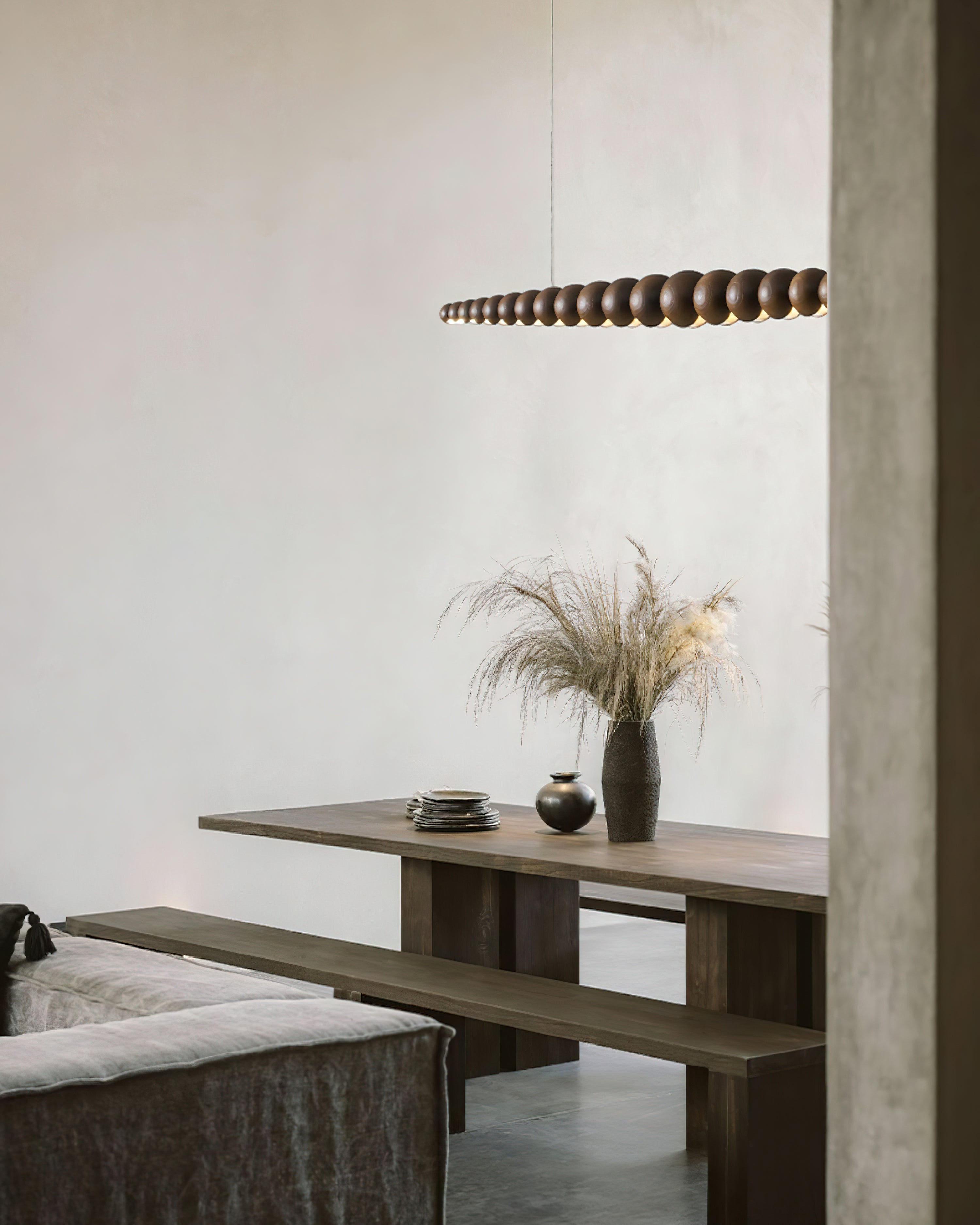 Modern Linear Wooden Sphere Pendant Light Minimalist Orb LED Hanging Chandelier
