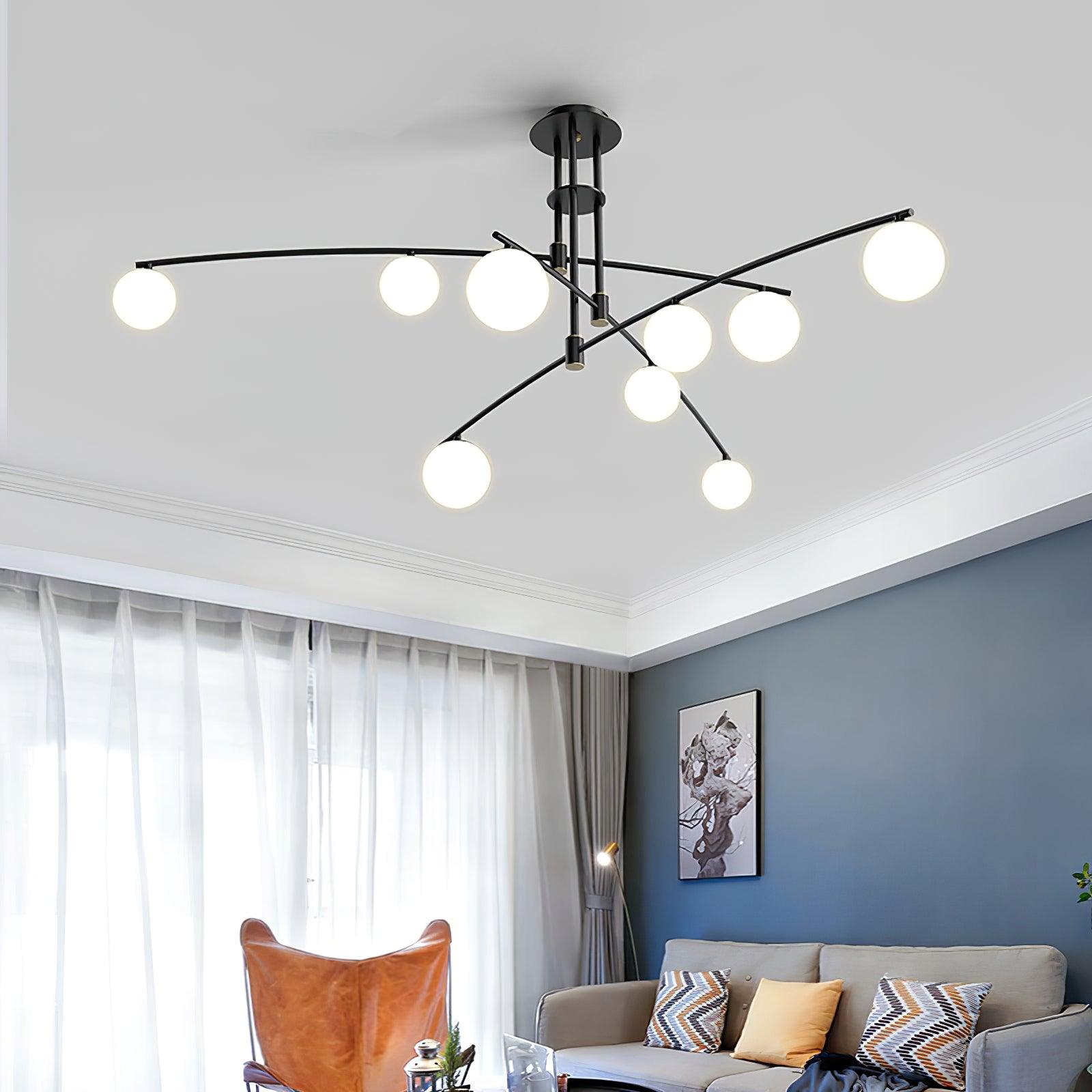Modern Long Arm Linear Chandelier Glass Globe Ceiling Light Fixture for Living Room