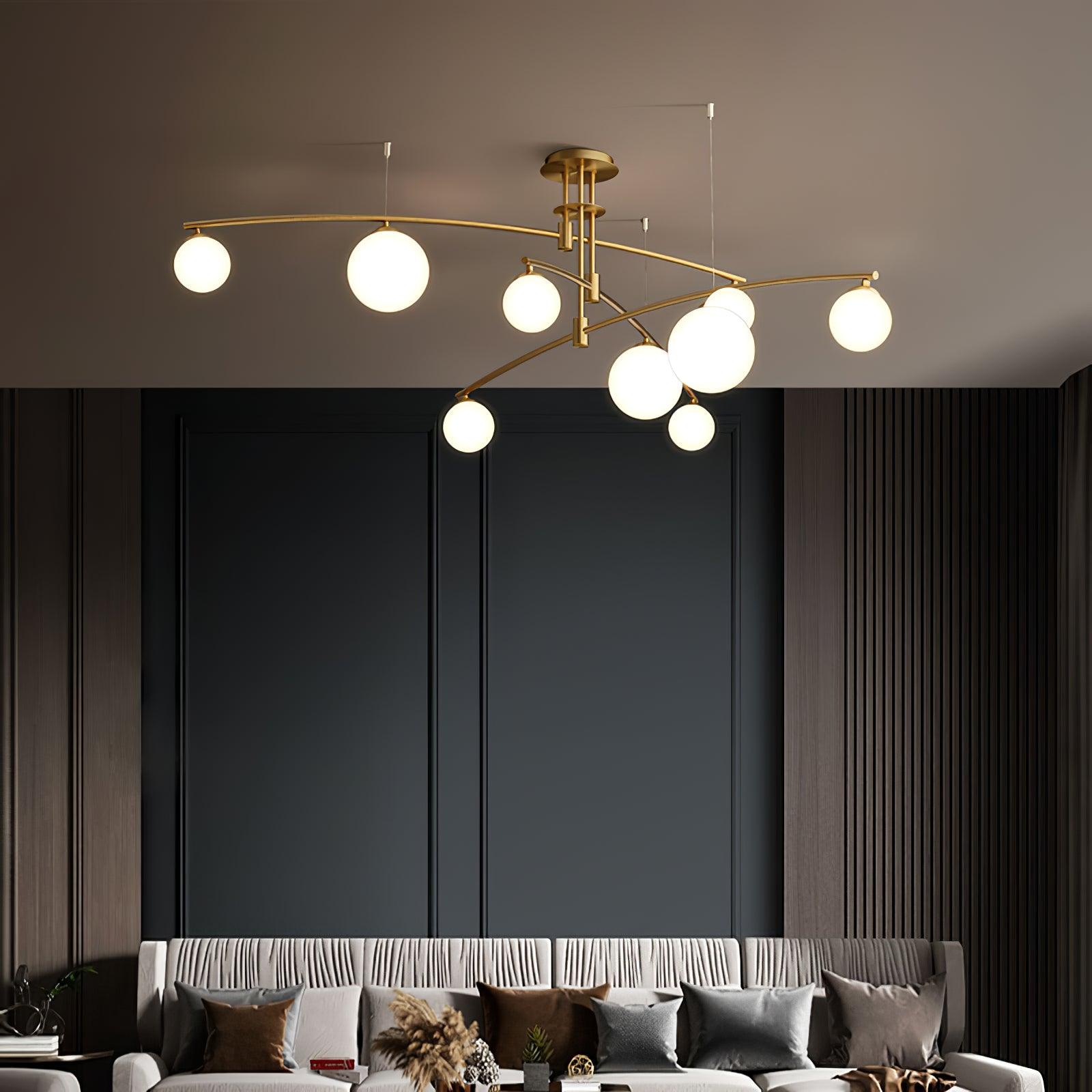 Modern Long Arm Linear Chandelier Glass Globe Ceiling Light Fixture for Living Room