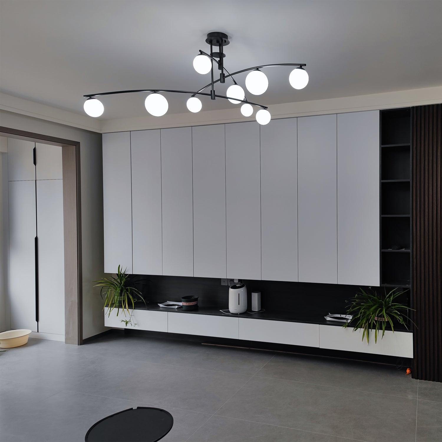 Modern Long Arm Linear Chandelier Glass Globe Ceiling Light Fixture for Living Room
