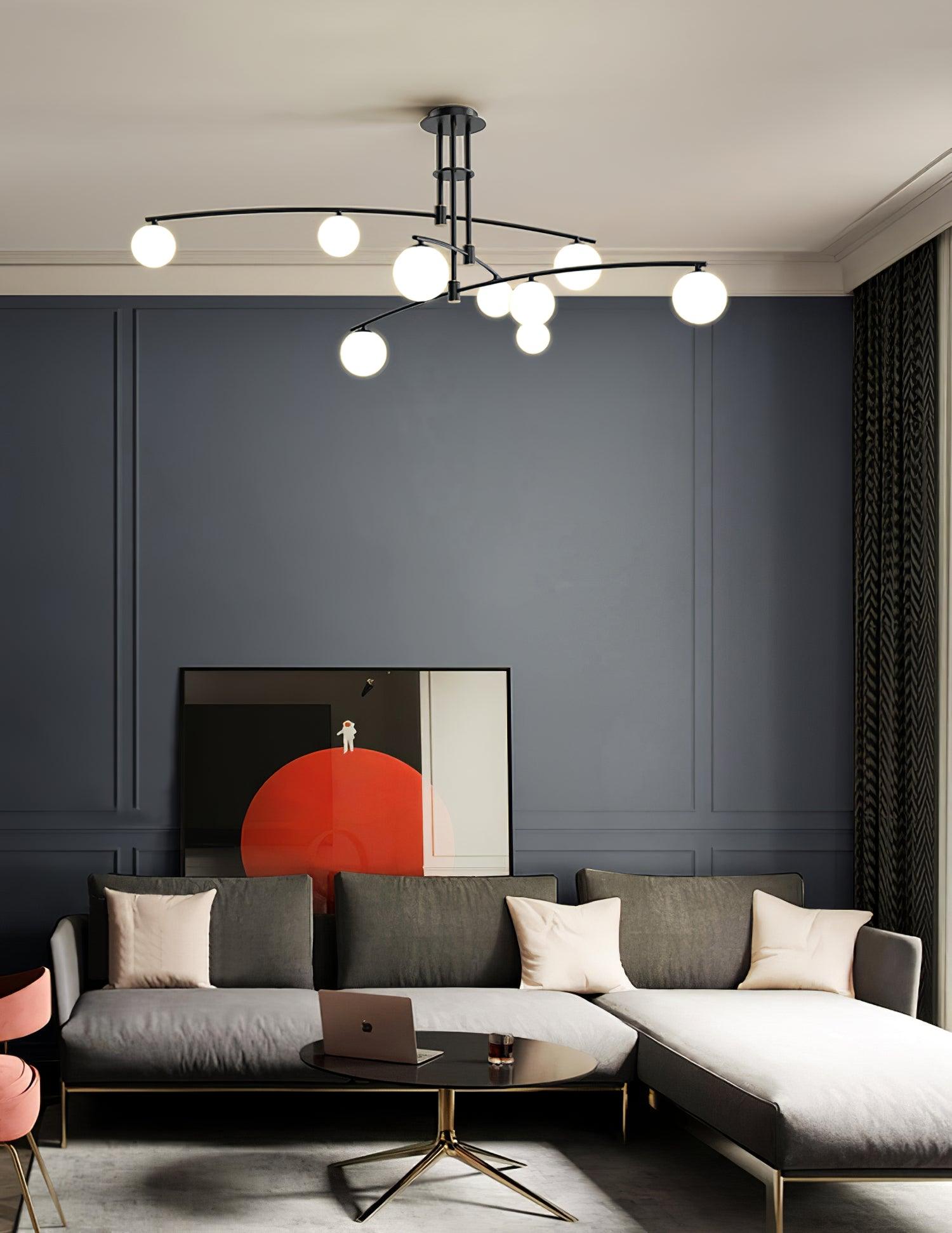 Modern Long Arm Linear Chandelier Glass Globe Ceiling Light Fixture for Living Room