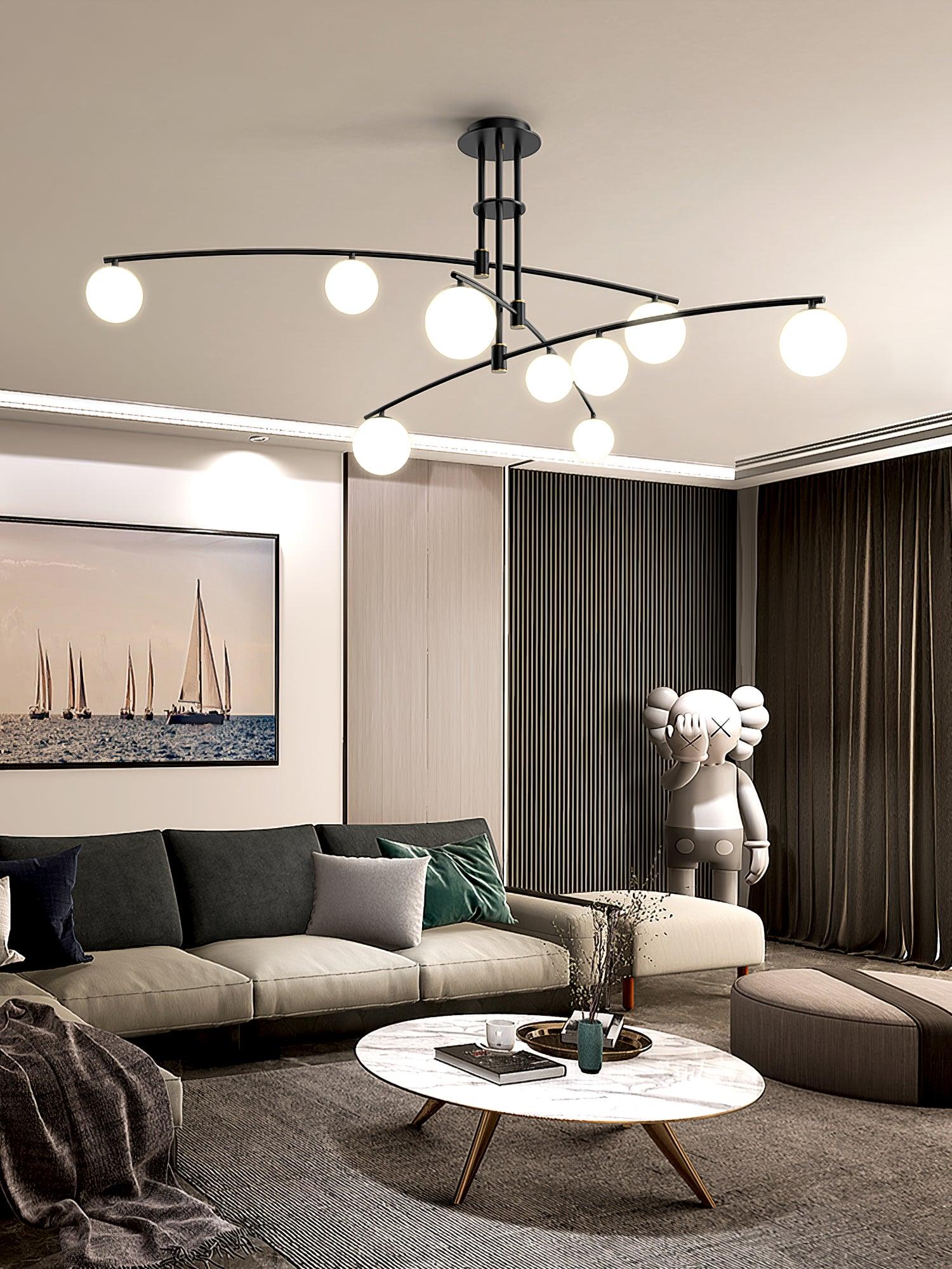 Modern Long Arm Linear Chandelier Glass Globe Ceiling Light Fixture for Living Room