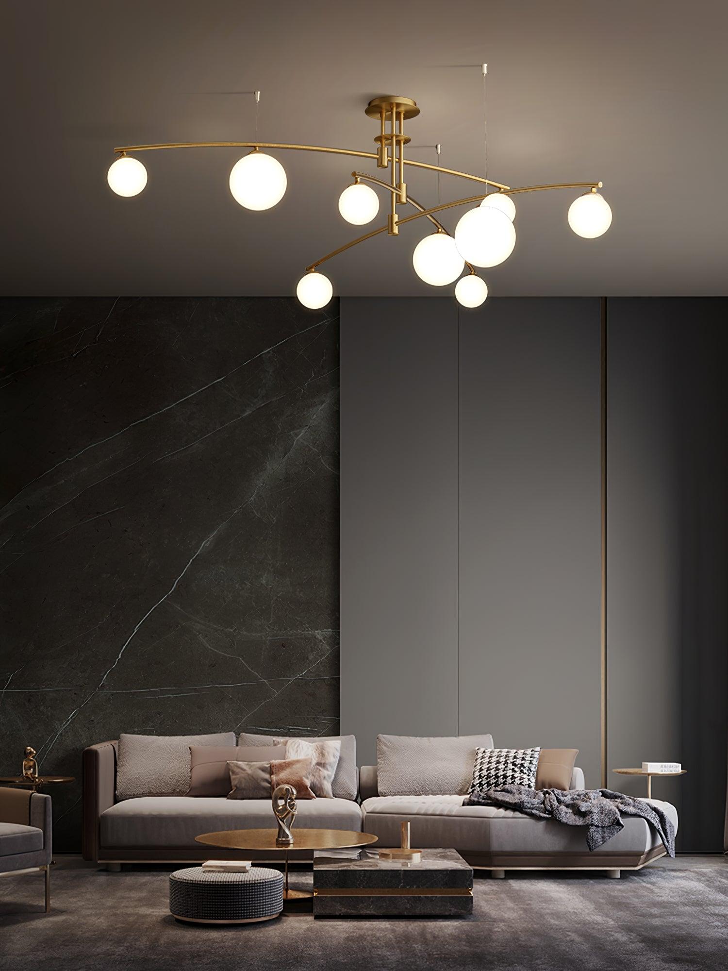 Modern Long Arm Linear Chandelier Glass Globe Ceiling Light Fixture for Living Room