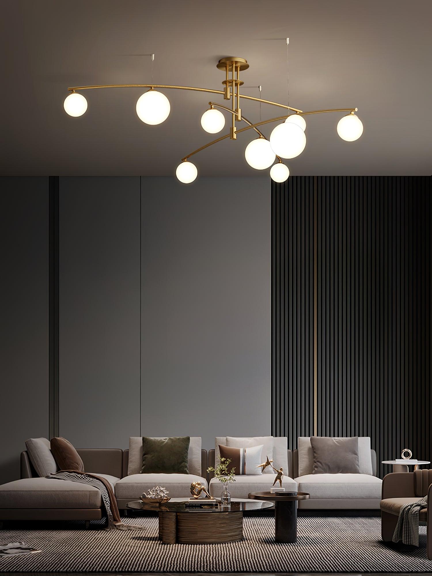 Modern Long Arm Linear Chandelier Glass Globe Ceiling Light Fixture for Living Room