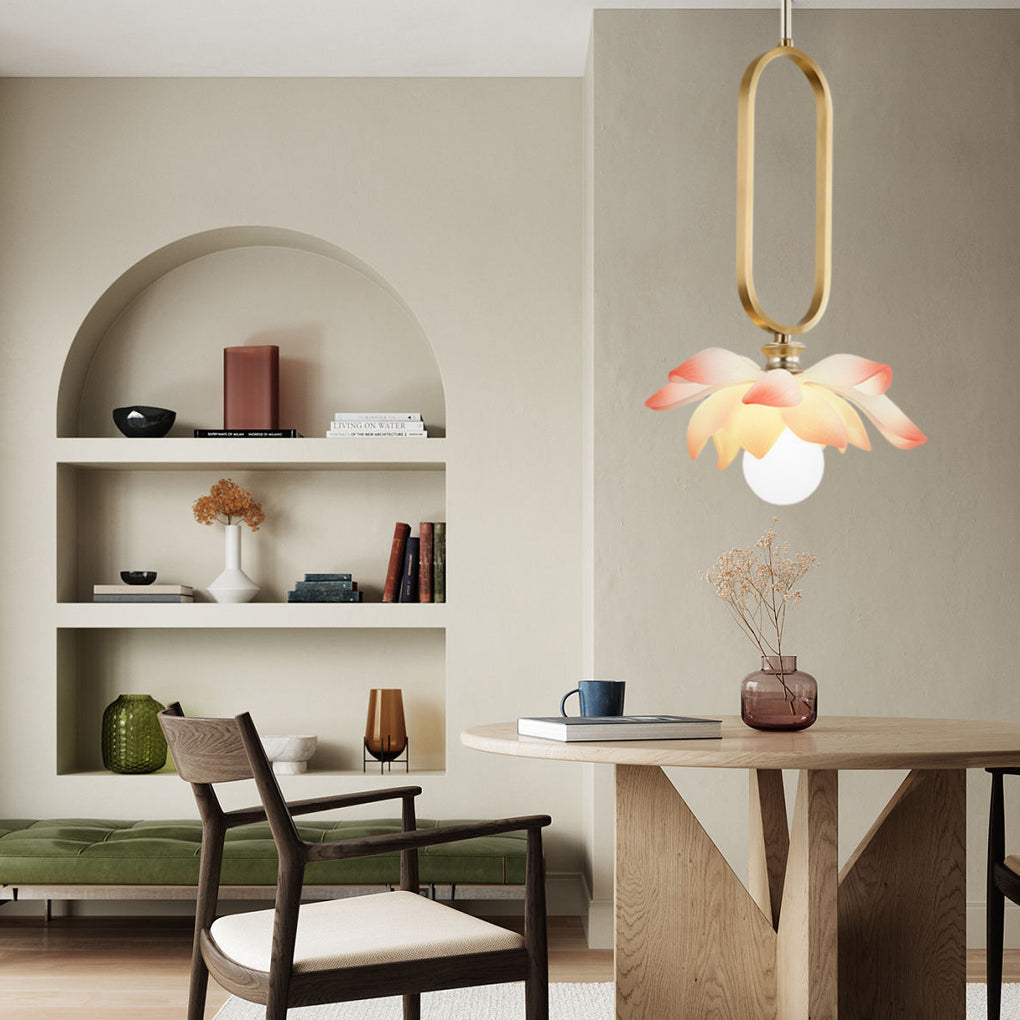 Modern Lotus Flower LED Pendant Light Resin Bloom Oval Ring Hanging Ceiling Lamp