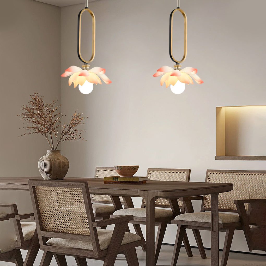 Modern Lotus Flower LED Pendant Light Resin Bloom Oval Ring Hanging Ceiling Lamp