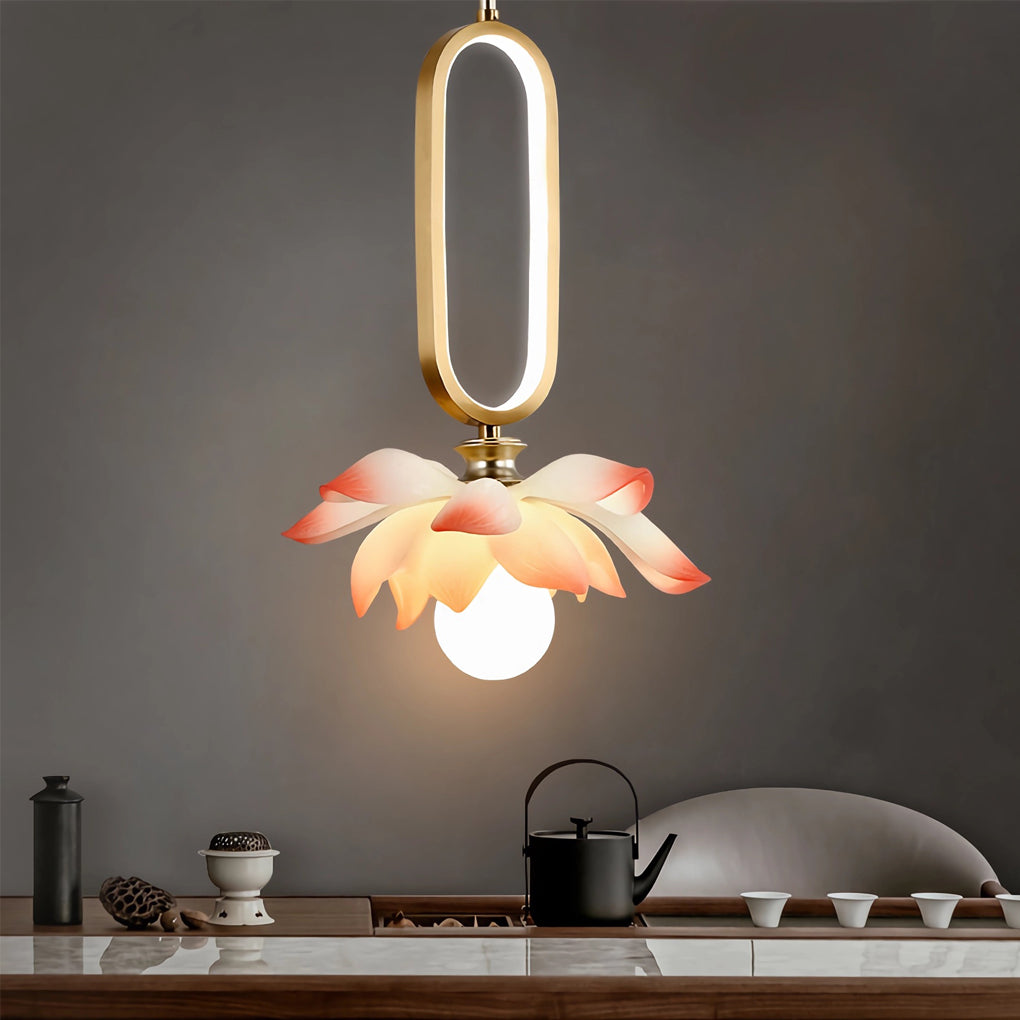 Modern Lotus Flower LED Pendant Light Resin Bloom Oval Ring Hanging Ceiling Lamp