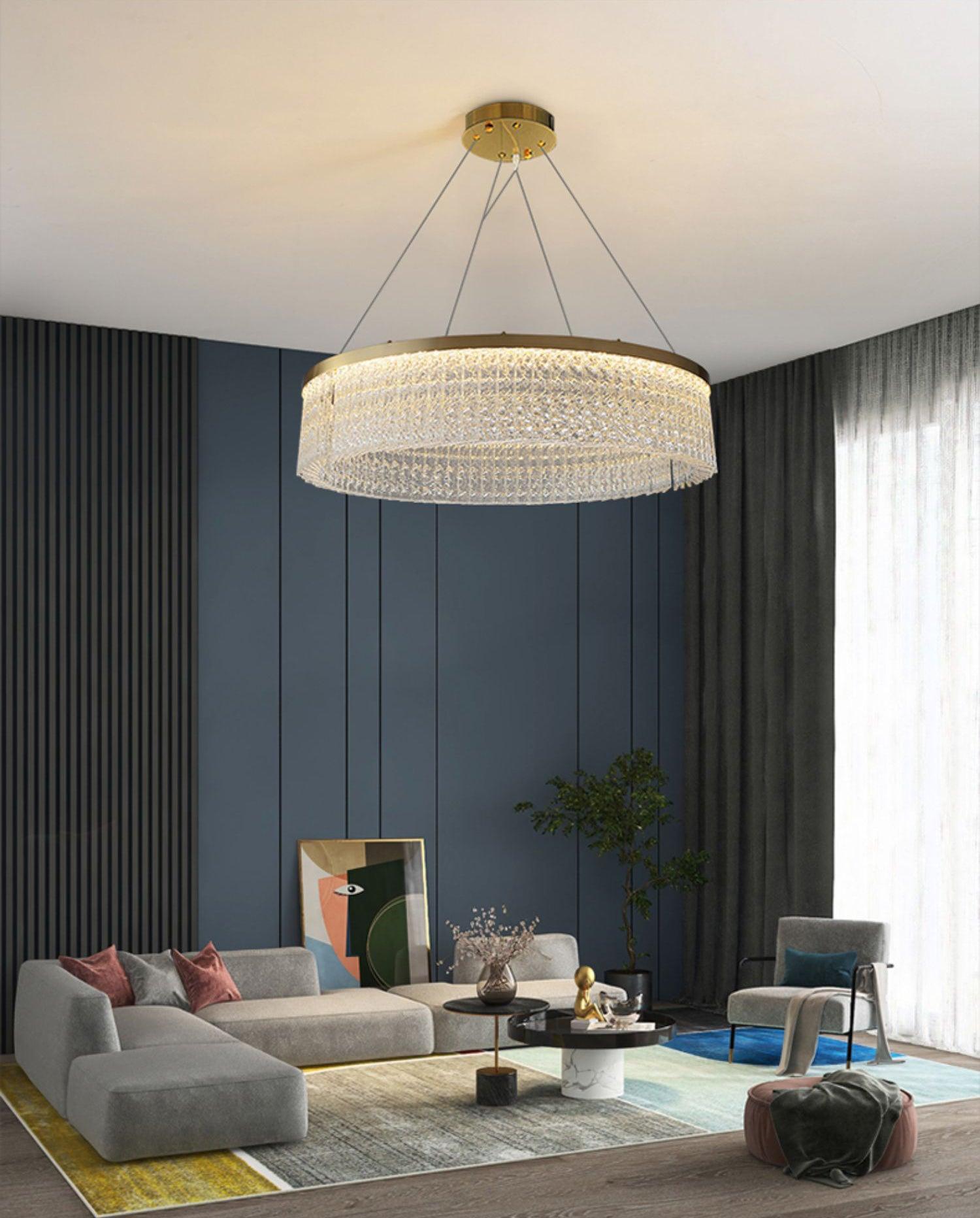 Modern Luxury Crystal Ring LED Chandelier with Stainless Steel Frame for Living Room