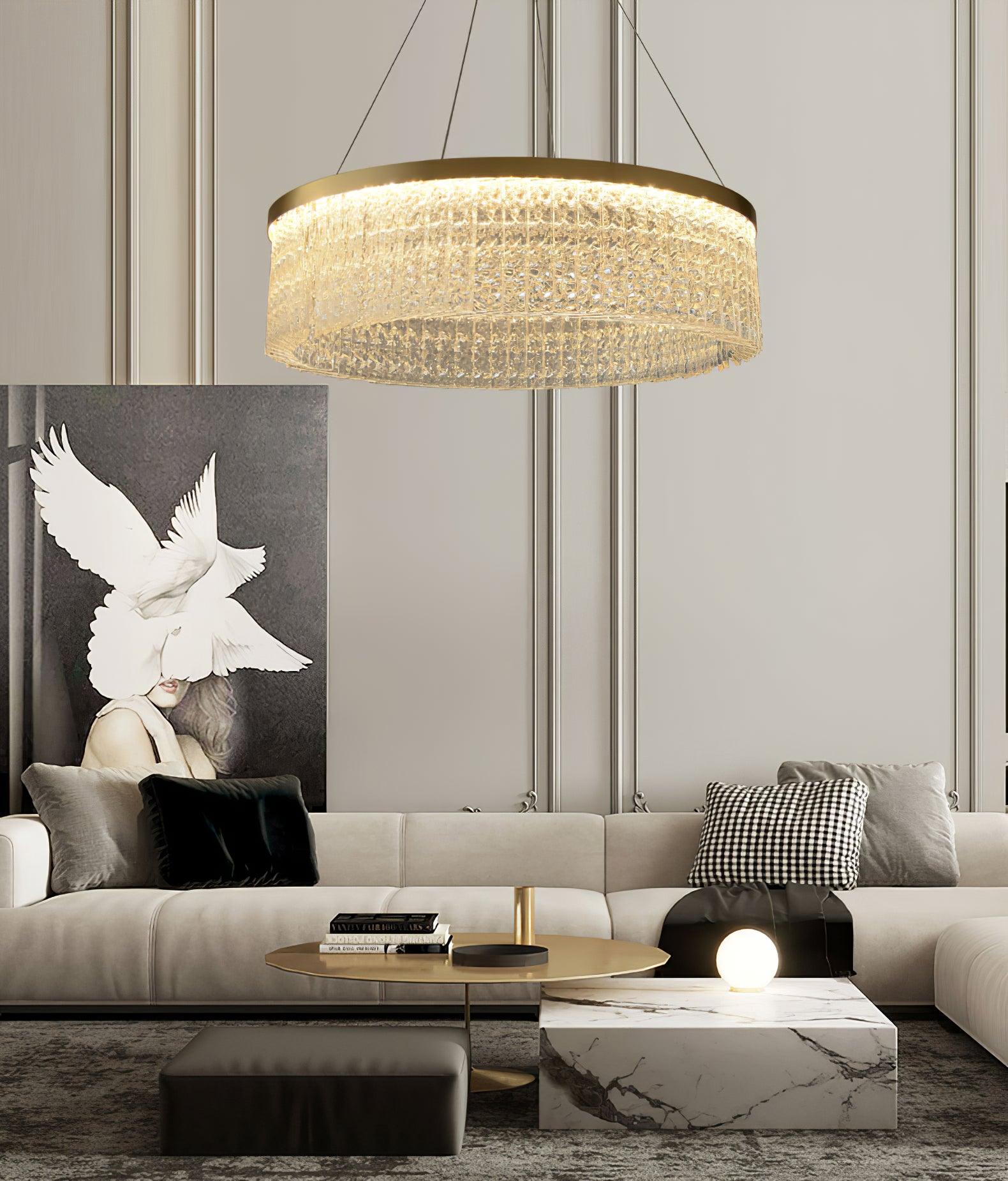 Modern Luxury Crystal Ring LED Chandelier with Stainless Steel Frame for Living Room