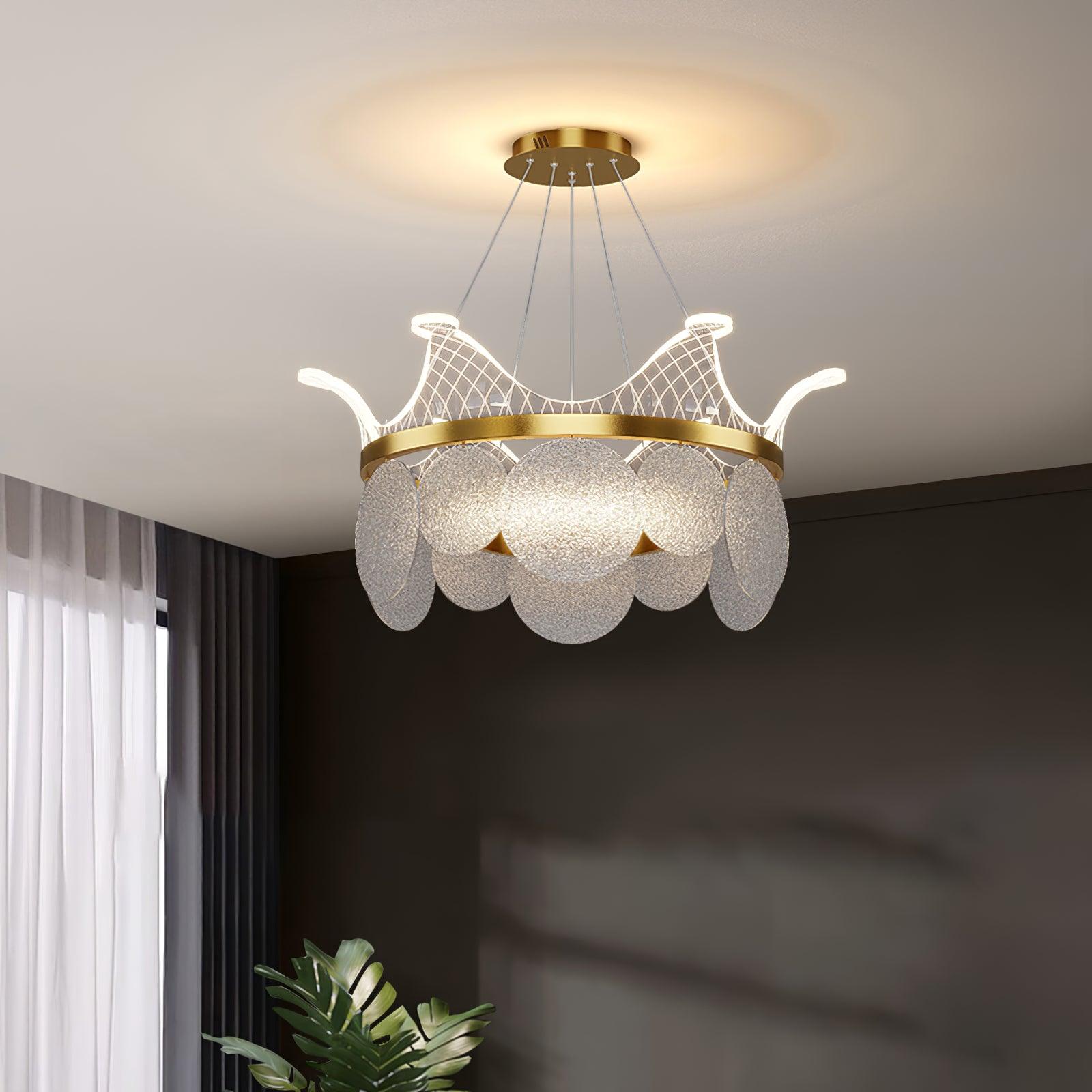 Modern Luxury Gold Crown Candelabrum Chandelier with Shell Glass and Integrated LED
