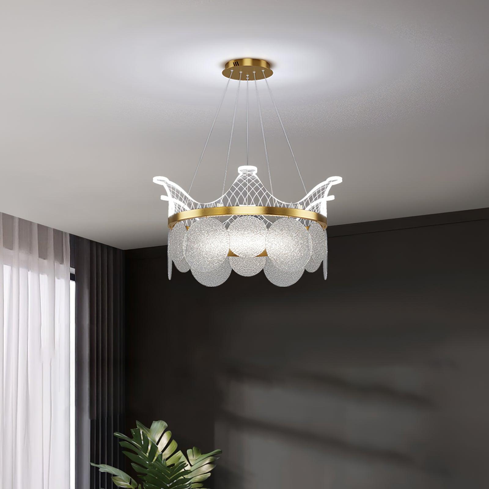 Modern Luxury Gold Crown Candelabrum Chandelier with Shell Glass and Integrated LED