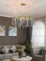 Modern Luxury Gold Round Teardrop Crown Glass Chandelier Pendant Ceiling Light