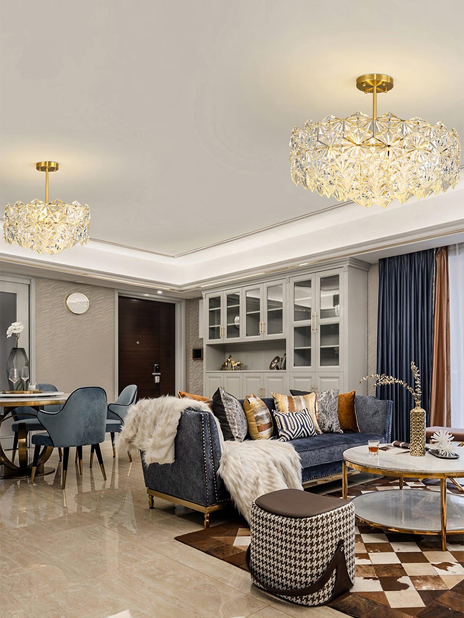 Modern Luxury Snowflake Glass Chandelier Gold Round Crystal Pendant Lighting