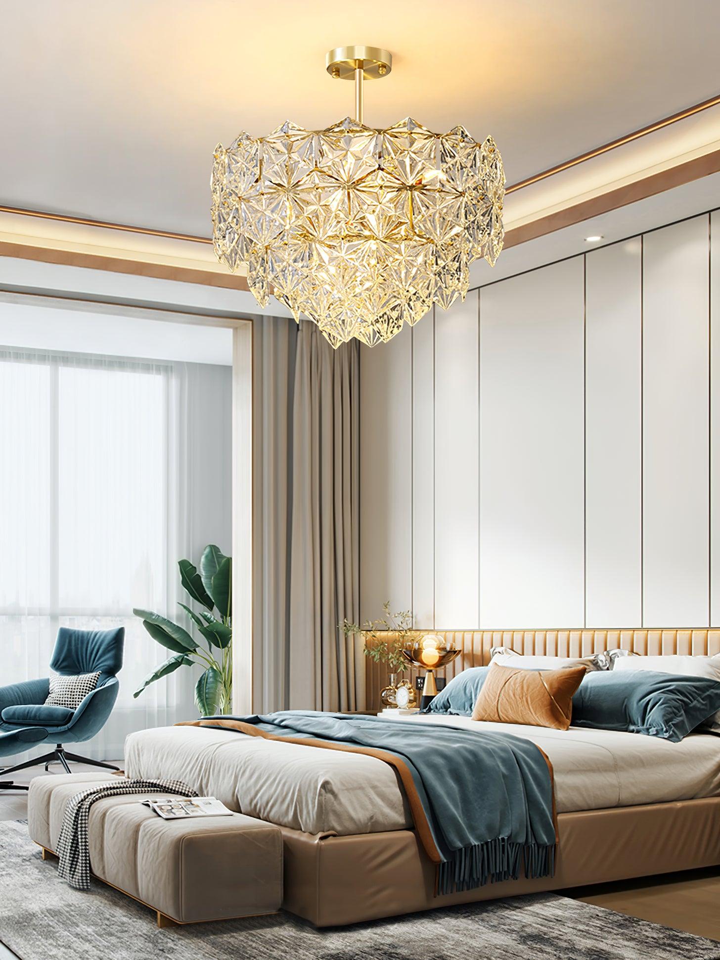 Modern Luxury Snowflake Glass Chandelier Gold Round Crystal Pendant Lighting