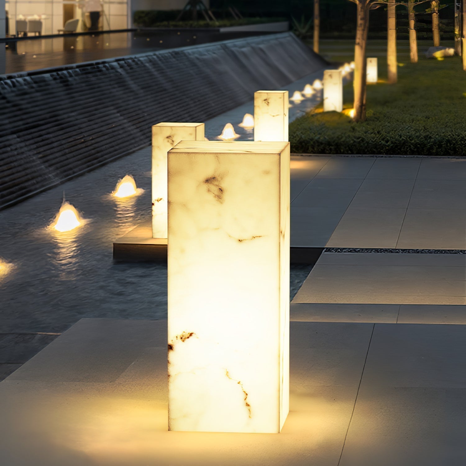 Modern Marble Effect Cube Outdoor LED Landscape Path Light and Garden Pillar Lamp