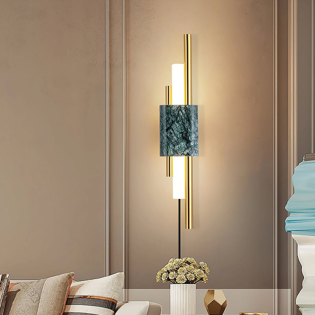 Modern Marble Plug In Wall Sconce with Slim Gold Rods and Opal LED Light Set of 2