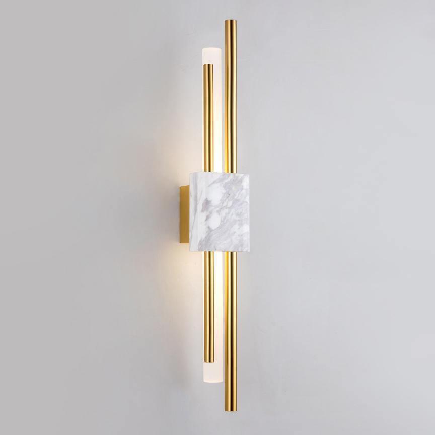 Modern Marble Plug In Wall Sconce with Slim Gold Rods and Opal LED Light Set of 2