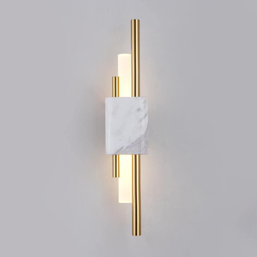 Modern Marble Plug In Wall Sconce with Slim Gold Rods and Opal LED Light Set of 2