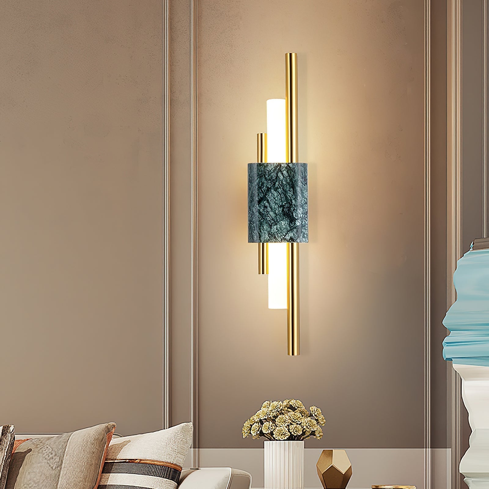 Modern Marble Plug In Wall Sconce with Slim Gold Rods and Opal LED Light Set of 2