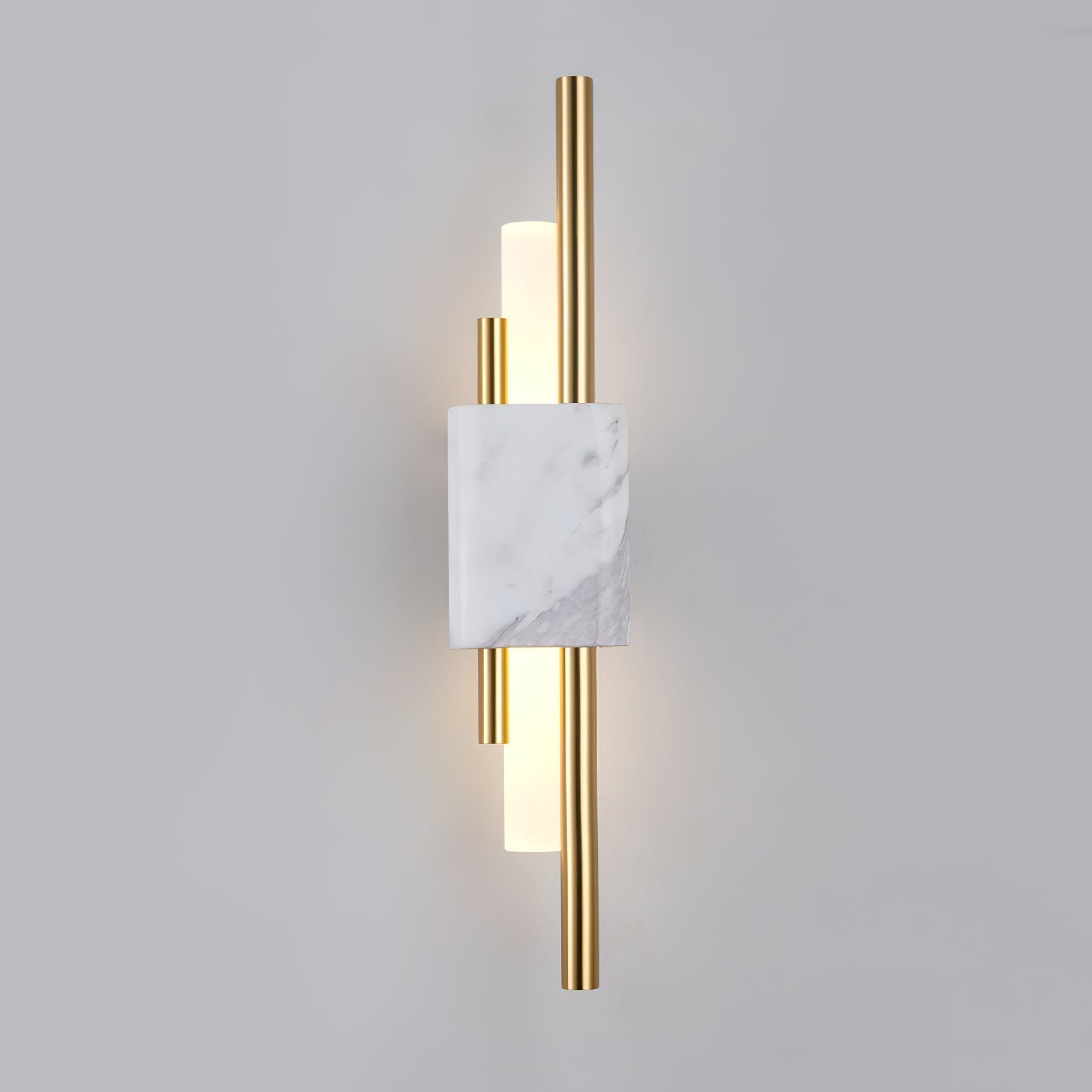 Modern Marble Plug In Wall Sconce with Slim Gold Rods and Opal LED Light Set of 2