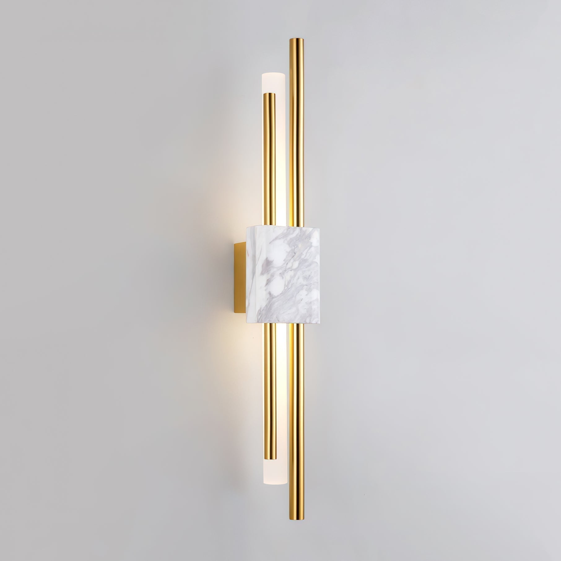 Modern Marble Plug In Wall Sconce with Slim Gold Rods and Opal LED Light Set of 2