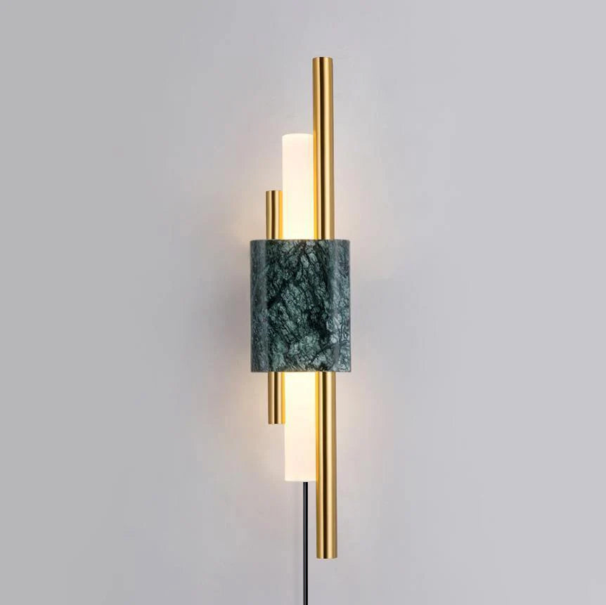 Modern Marble Plug In Wall Sconce with Slim Gold Rods and Opal LED Light Set of 2