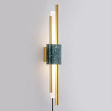 Modern Marble Plug In Wall Sconce with Slim Gold Rods and Opal LED Light Set of 2