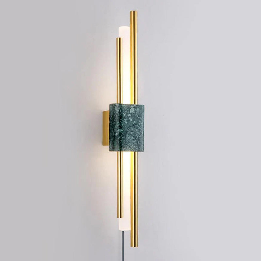 Modern Marble Plug In Wall Sconce with Slim Gold Rods and Opal LED Light Set of 2