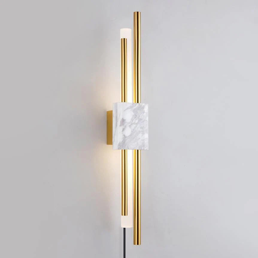 Modern Marble Plug In Wall Sconce with Slim Gold Rods and Opal LED Light Set of 2