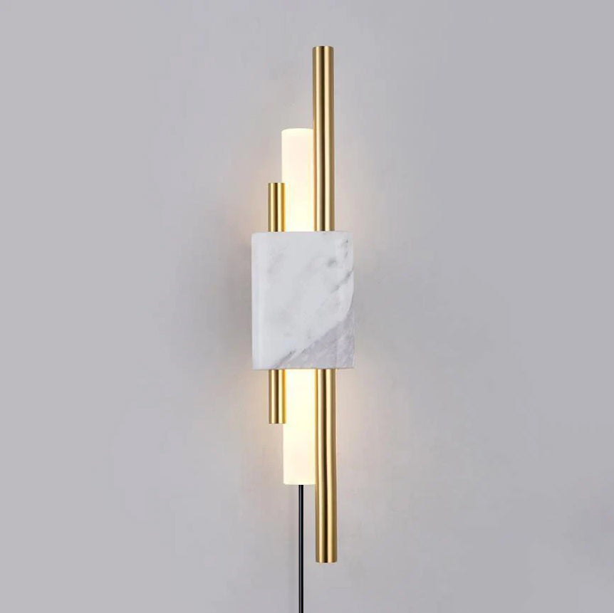 Modern Marble Plug In Wall Sconce with Slim Gold Rods and Opal LED Light Set of 2