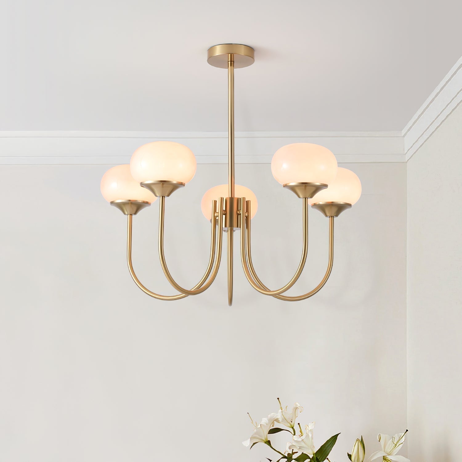Modern Marshmallow Chandelier with Pink Glass Shades and Gold Finish Lighting