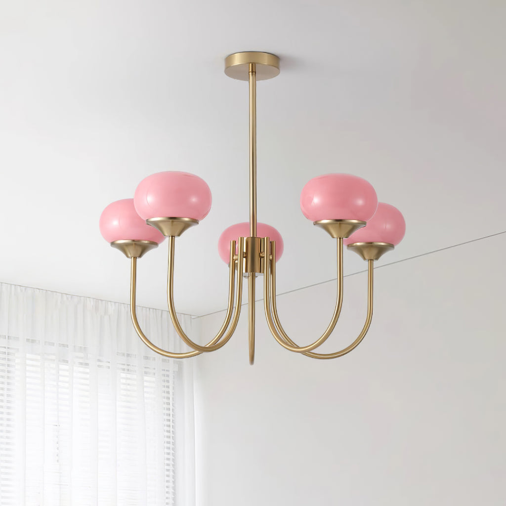Modern Marshmallow Chandelier with Pink Glass Shades and Gold Finish Lighting