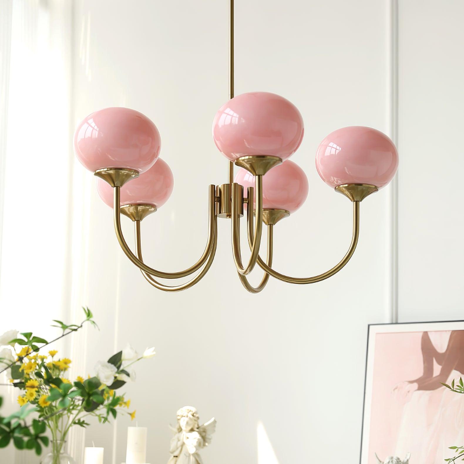 Modern Marshmallow Chandelier with Pink Glass Shades and Gold Finish Lighting