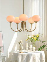 Modern Marshmallow Chandelier with Pink Glass Shades and Gold Finish Lighting